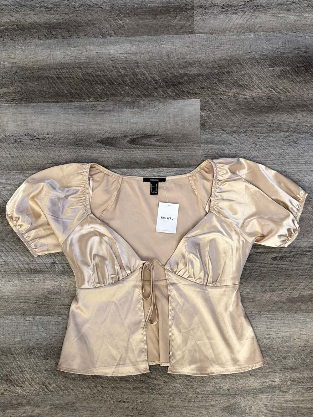 Forever 21 Champagne Satin Tie-Front Puff Sleeve Blouse - Picture 3 of 5